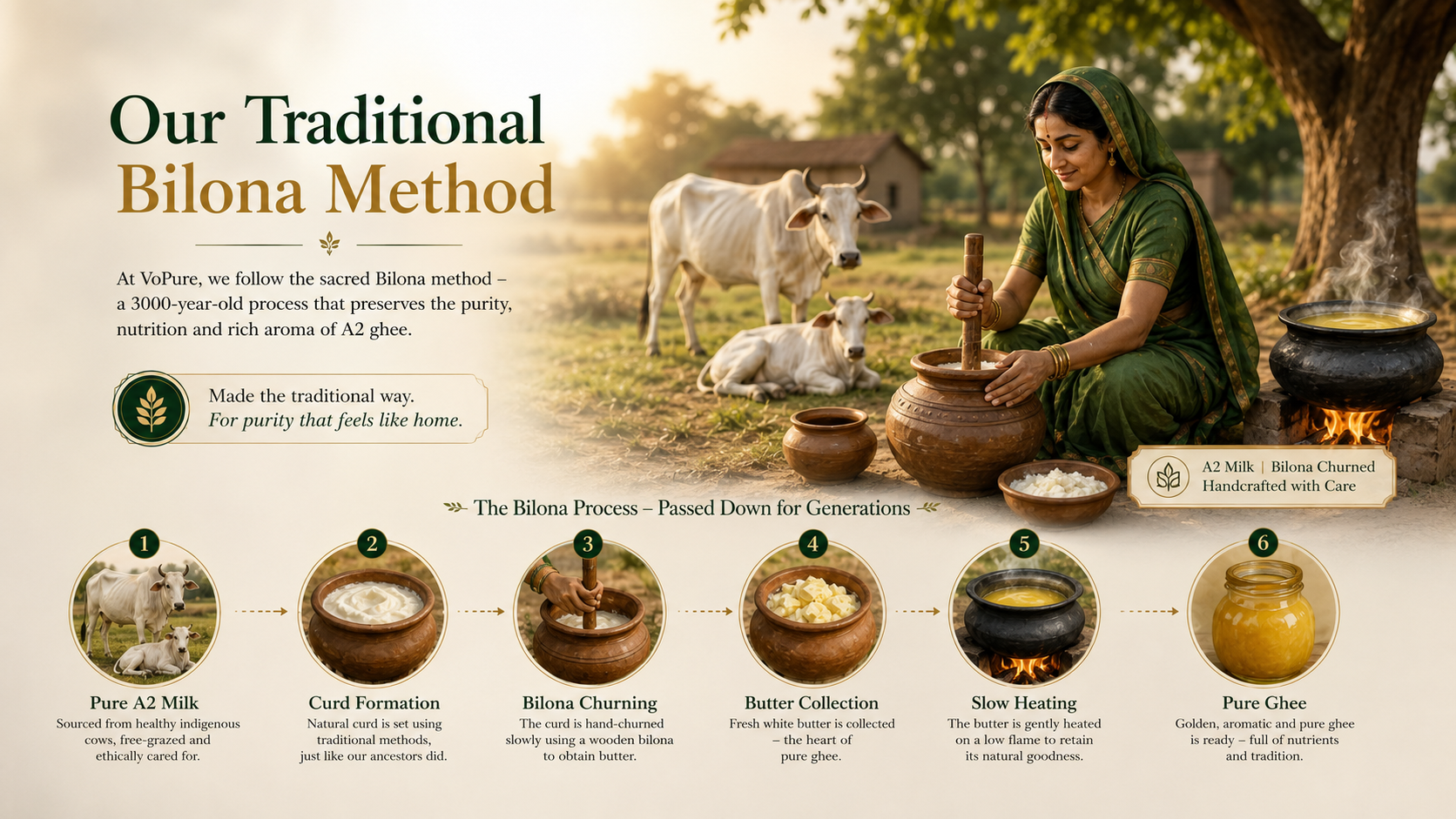 Realistic traditional Bilona method process for VoPure ghee