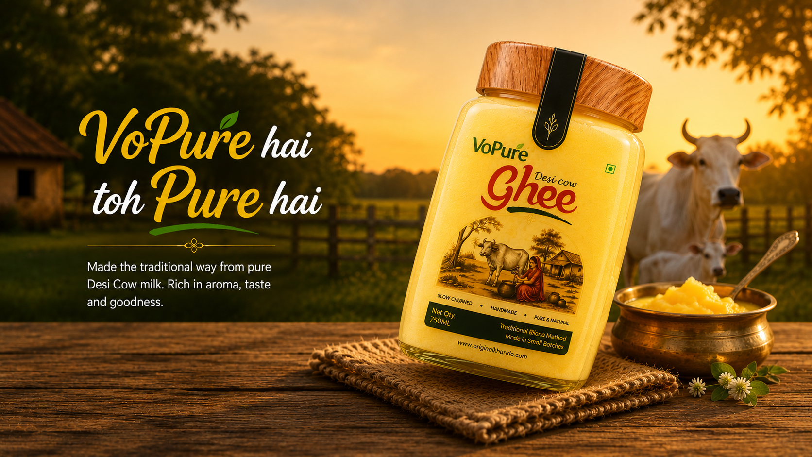 VoPure Desi Cow Ghee banner in a warm village setting