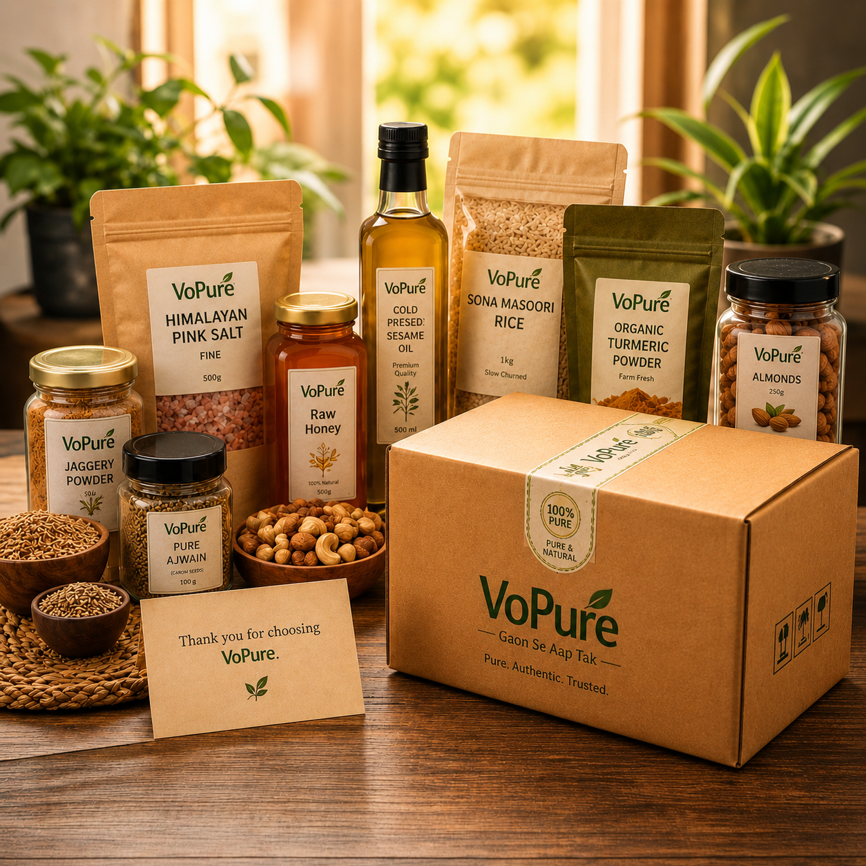 VoPure grocery products and delivery box assortment